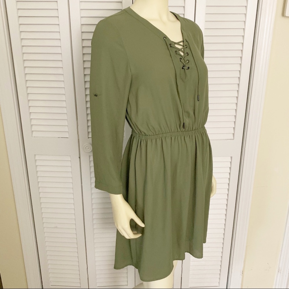 Mossimo Olive Green Lace Up Long Sleeve Dress M - Picture 3 of 8
